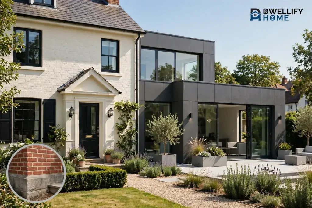 A renovated classic brick home beside a crisp new modern extension, with a close-up inset of solid original brickwork