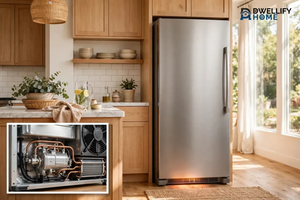 Stainless refrigerator with a warm glow at its base, compressor and fan area inset