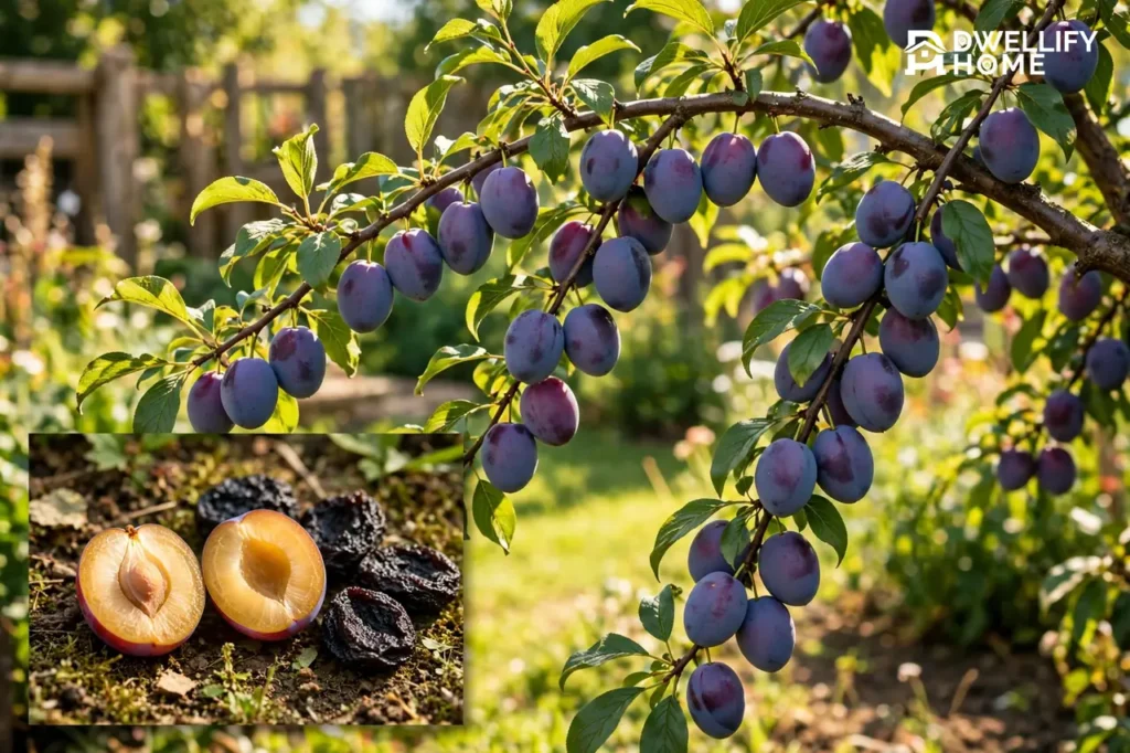 Italian prune plum branch with small oval deep-purple plums with pale powdery bloom, plus a halved plum with golden flesh and dried prunes