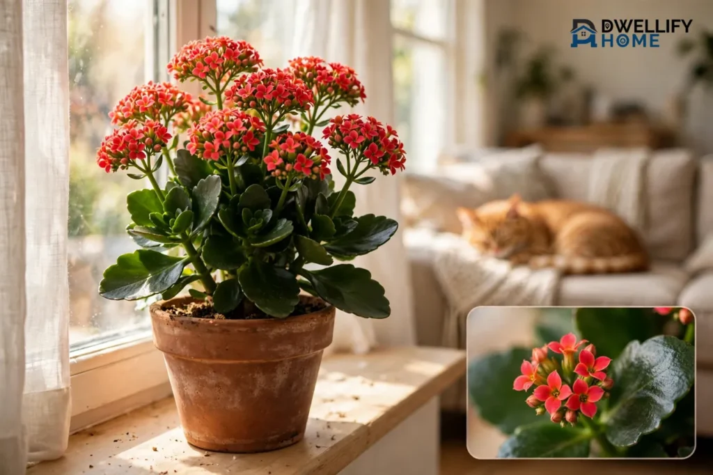 A potted kalanchoe with thick glossy succulent leaves and clusters of small red-pink blooms on a sunny windowsill, with a ginger cat sleeping on a sofa in the background and a close-up inset of one bloom cluster at the bottom right