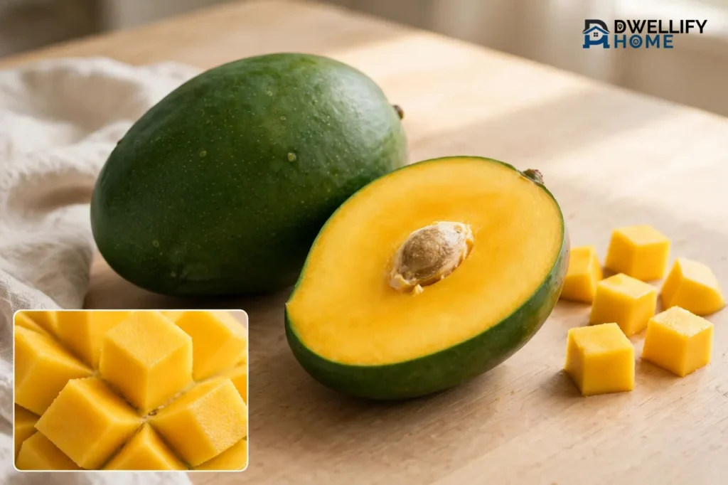 Large Keitt mango still deep green when ripe, cut open showing smooth fiber-free golden flesh, with clean mango cubes