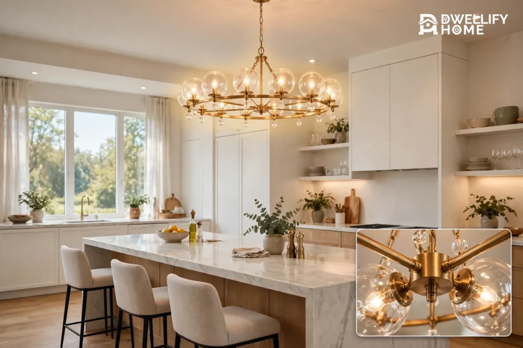 Gold and glass globe chandelier glowing over a marble kitchen island in a bright modern kitchen, with a magnified chandelier metal and glass detail inset at the bottom right