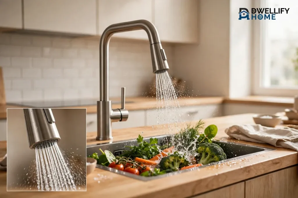 A brushed steel pull-down kitchen faucet spraying water over fresh vegetables in a deep stainless steel sink, with a magnified close-up of the spray head in the bottom left corner