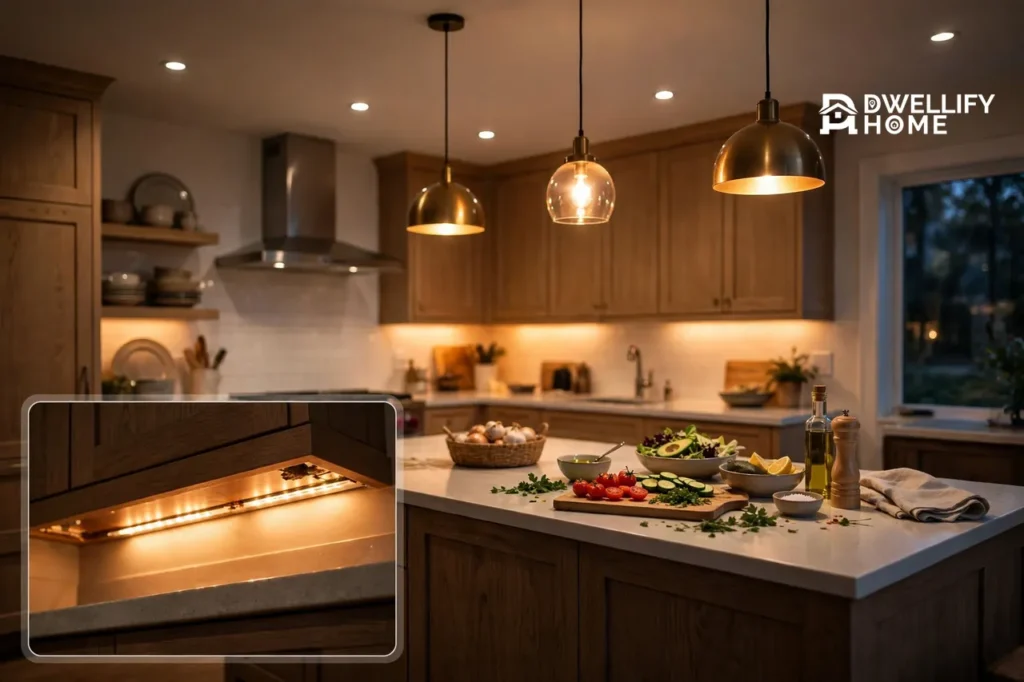 A warmly lit kitchen at night with brass pendant lights over an island, recessed ceiling lights and glowing under-cabinet lighting, with a magnified close-up of an under-cabinet light strip in the bottom-left corner