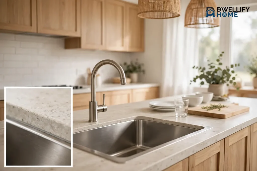 A large stainless steel undermount kitchen sink set into a light stone countertop in a bright kitchen, with a magnified close-up of the sink rim meeting the countertop in the bottom left corner