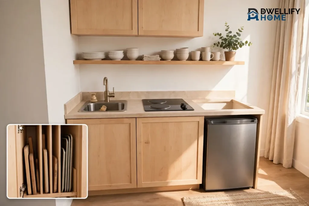 Bright compact kitchenette with light wood cabinets, small sink, two-burner cooktop and mini fridge, with a close-up inset of vertical board and tray storage dividers in the bottom-left corner