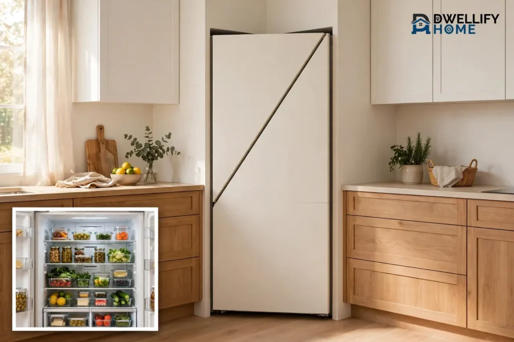 Large white triangular corner refrigerator fitted diagonally into a bright kitchen corner, with a close-up inset of its stocked interior shelves