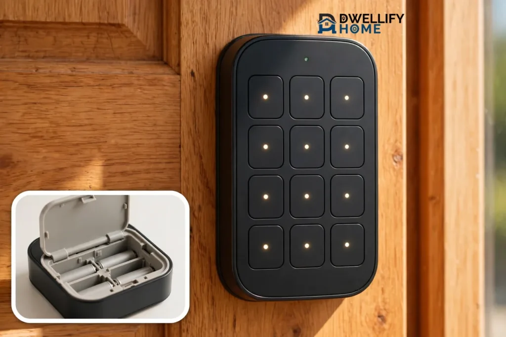 Generic black smart lock keypad with blank glowing buttons on a wooden door, with a close-up inset of its interior battery compartment