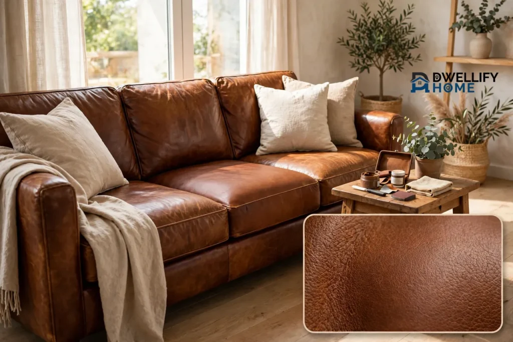 Brown leather sofa with a repair kit on the side table, leather texture inset