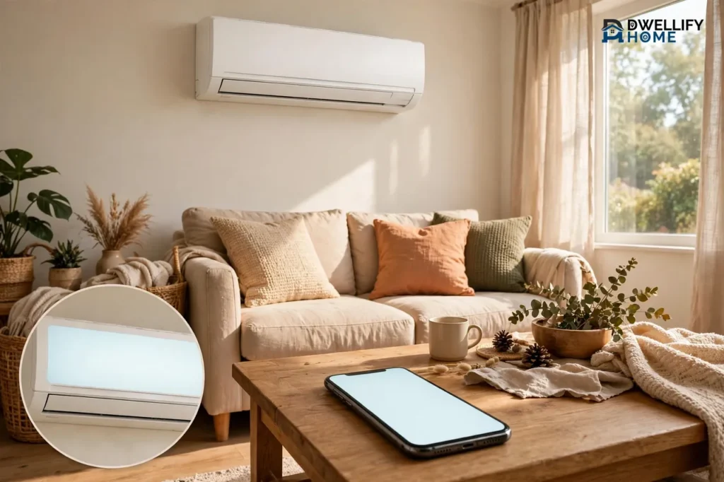 Wall-mounted split air conditioner in a bright living room with a phone showing a blank glowing screen, with a blank-display inset