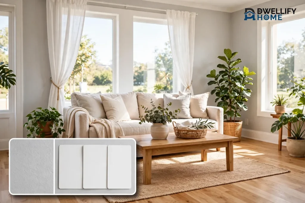 Bright living room with light gray walls, a beige sofa and wooden coffee table, with a close-up inset of blank light gray paint swatches in the bottom-left corner