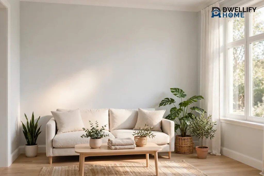 Bright living room with very pale, almost off-white gray walls, white trim, light wood floor and a cream sofa