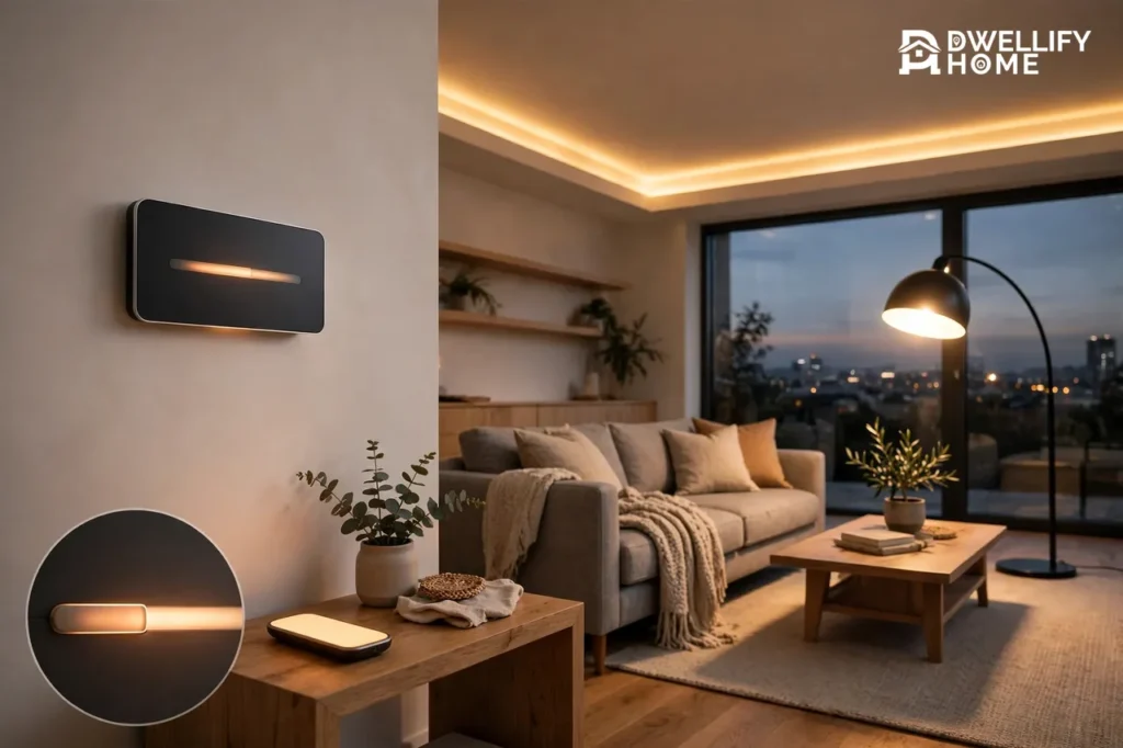 Wall smart dimmer panel and blank glowing remote with varied LED lighting zones, control inset