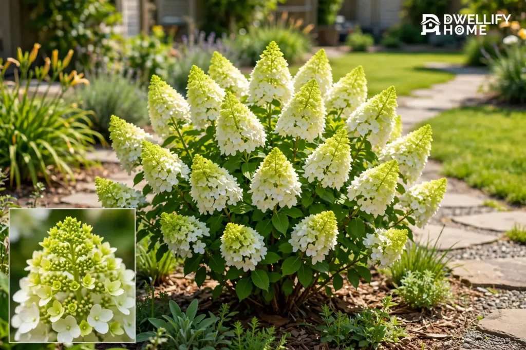A compact rounded hydrangea shrub beside a garden path in bright sunlight, covered in cone-shaped flower clusters fading from lime-green tips to soft white, with a bottom-left close-up inset of one lime-green and white bloom cluster.
