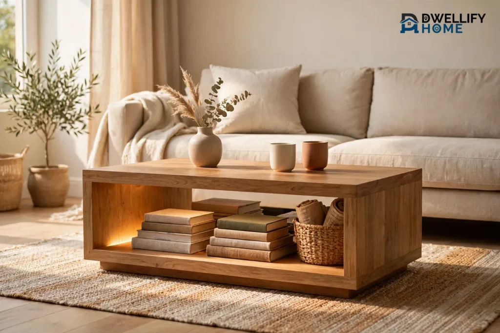 Low rectangular wooden cocktail table with a lower storage shelf holding books and a basket, styled with a vase and two cups in front of a beige sofa