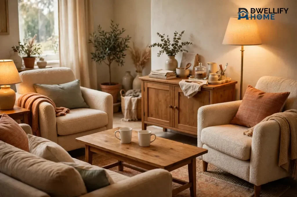 Cozy café-inspired living room with armchairs and a sofa pulled into a conversation zone around a coffee table with two mugs, warm lamps, and a tidy coffee nook on a wooden sideboard