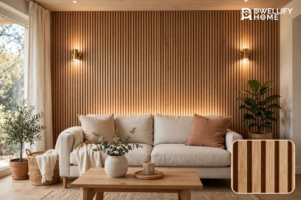 Living room with a warm vertical wood slat feature wall behind a light sofa with soft wall lighting, with a magnified close-up of the wood slats in the bottom-right corner