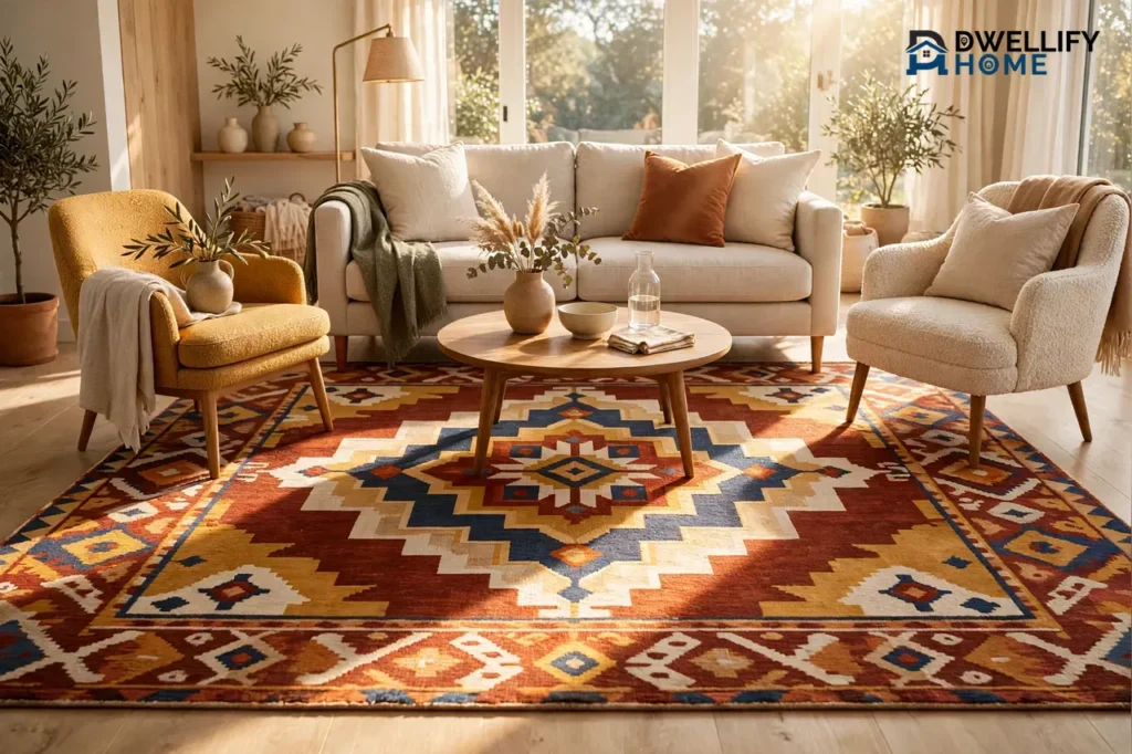 Bright living room with a large bold patterned statement rug as the centerpiece under a round coffee table, with a sofa and two armchairs arranged around it