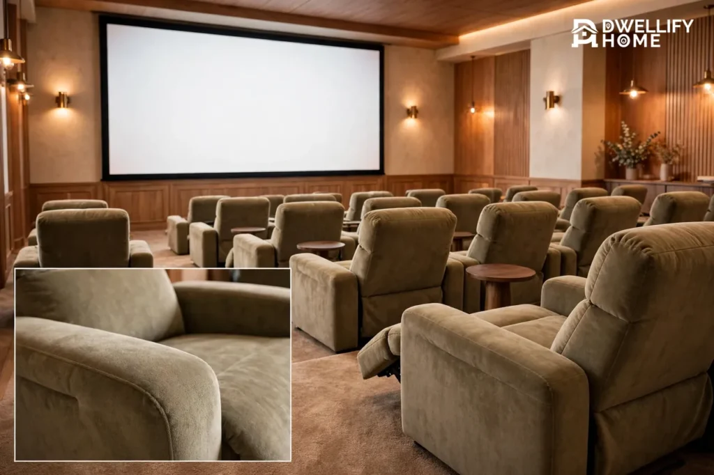 Cozy lounge-style cinema auditorium with plush recliner chairs and small side tables facing a large blank screen, with a close-up inset of a recliner's soft fabric armrest