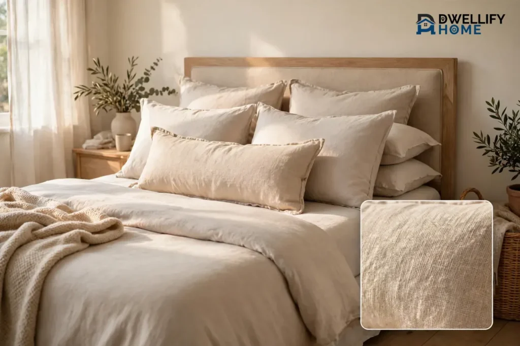 Styled bed with sleeping pillows and shams and one long lumbar pillow laid across the front of the pillow stack, with a close-up inset of the lumbar pillow fabric