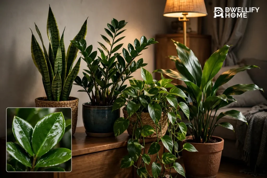 Dim room corner with lamp glow and healthy snake plant, ZZ plant, pothos and cast-iron foliage, glossy leaf inset