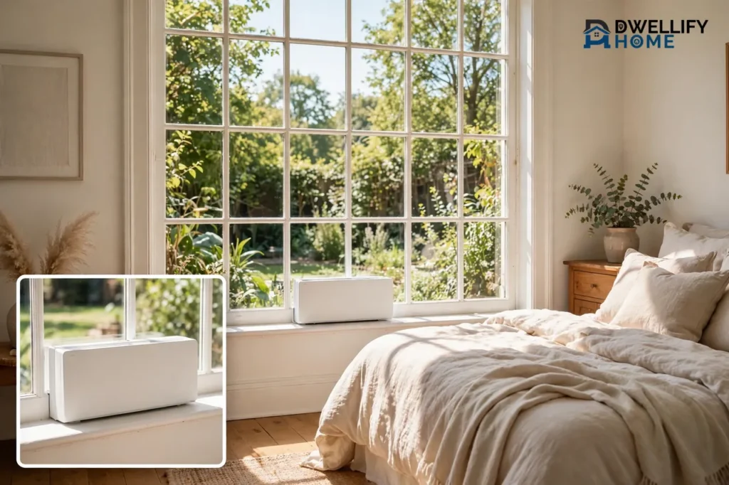 Short low-profile window air conditioner sitting low in the window with most of the view preserved, with a height inset