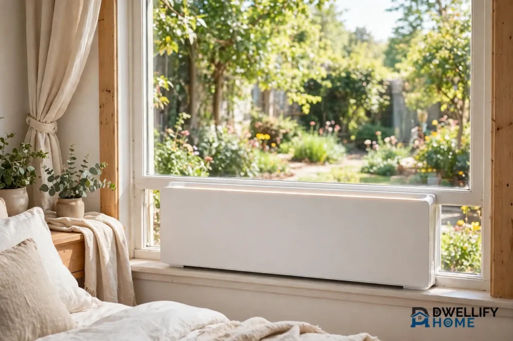 Short low-profile window unit sitting low with a bright garden view preserved above it