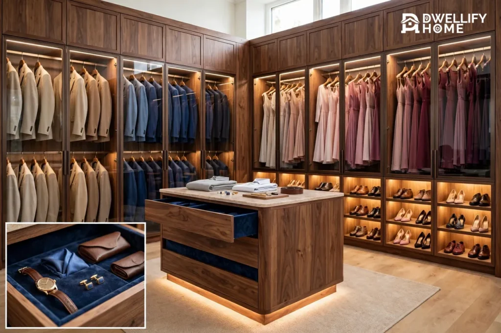 Luxury walk-in wardrobe with walnut glass-fronted cabinets, colour-grouped suits and dresses, backlit shoe cubbies, a central island with velvet-lined drawers, and a magnified inset of the drawer holding a watch, cufflinks and leather accessories