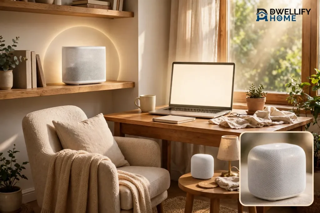 Living room with well-placed router glow and blank-screen laptop, mesh unit inset