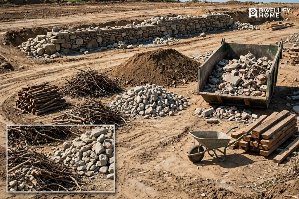 Active landscape construction site with a skip bin full of rubble and tidy separated piles of soil, branches, rocks and timber, plus a bottom-left magnified inset of sorted debris