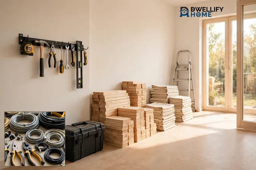 Bright tidy renovation room with tools on a wall rack, stacked lumber, a stepladder, and an inset of organized cables and tools