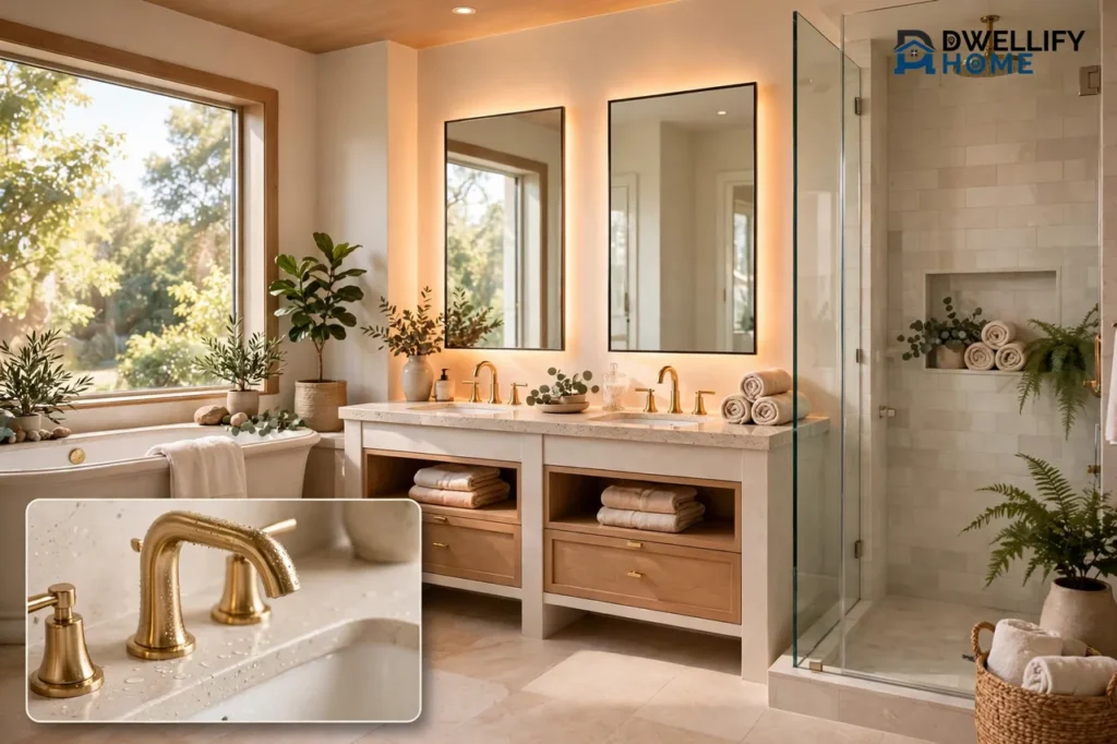 Finished spa-like master bathroom with a double vanity, freestanding soaking tub by a bright window, and walk-in glass shower, plus a magnified close-up of a gold faucet on the stone countertop in the bottom-left corner