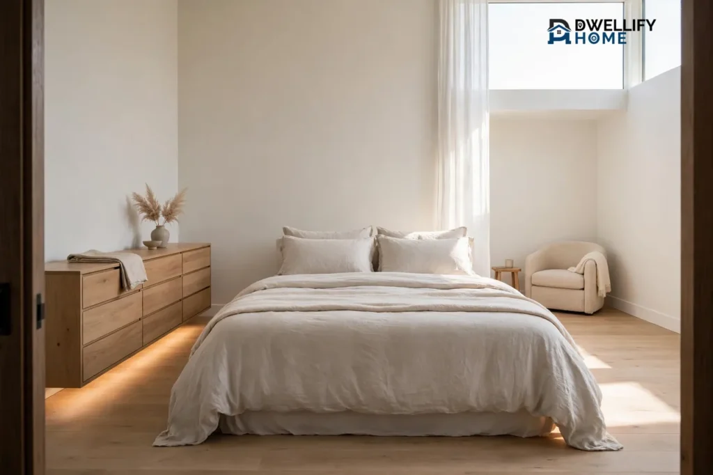 Spacious bright master bedroom with a large bed in neutral bedding, generous open floor space on both sides, a long wooden dresser and a reading chair in the corner