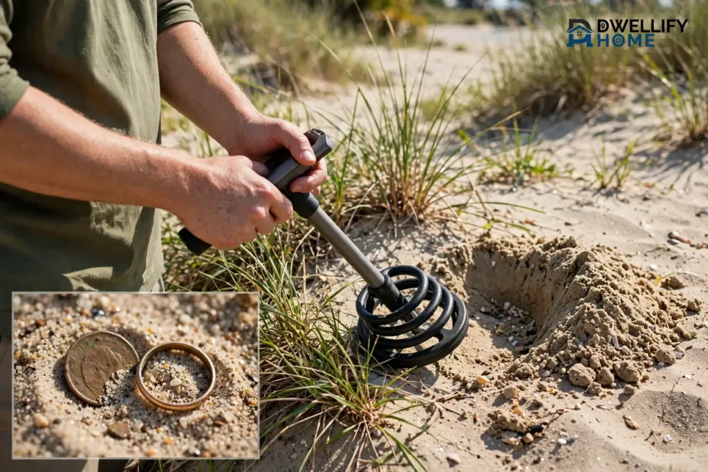 Metal detector in use on sandy beach grass with a dug patch, with an old coin and ring inset