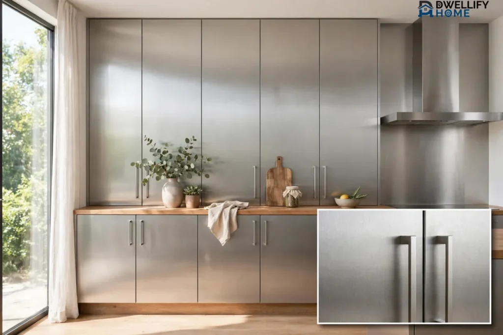 Modern kitchen with floor-to-ceiling brushed stainless steel metal cabinets and slim handles with warm wood countertop accents, with a magnified close-up of brushed steel and handles at the bottom right