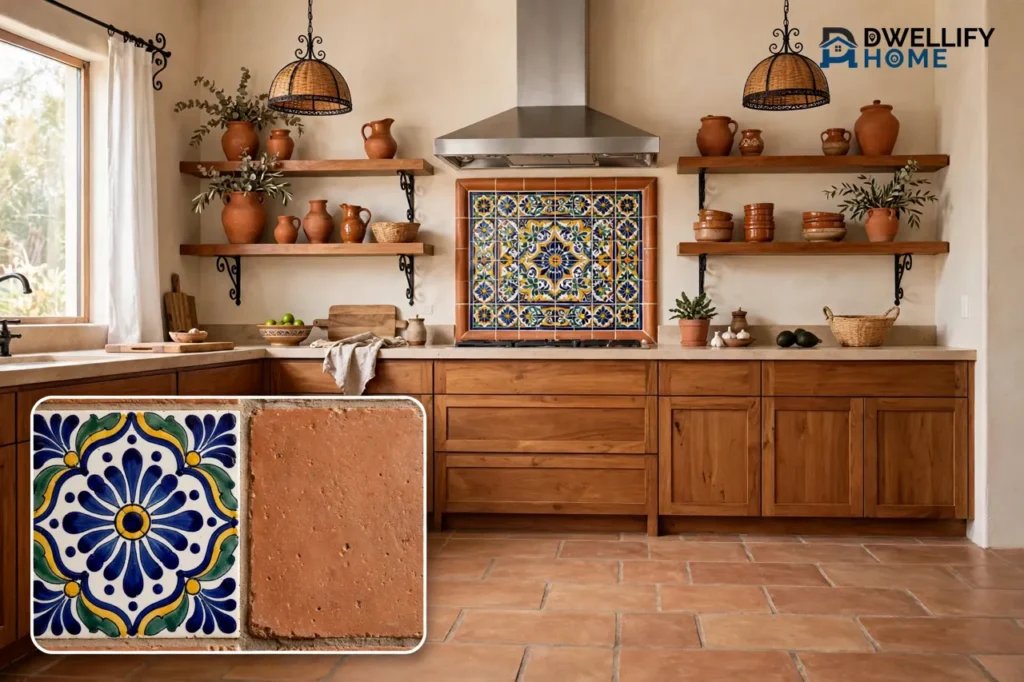 Modern Mexican kitchen with terracotta Saltillo floor tiles, a colorful hand-painted Talavera tile backsplash, warm wood shelves and terracotta pottery, with a magnified close-up of Talavera tile and terracotta texture at the bottom left