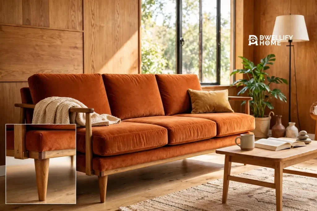 Rust-orange velvet mid-century sofa in a wood-paneled room with a tapered-leg inset