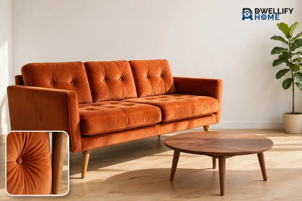 Burnt-orange velvet mid-century couch with a fabric-and-leg inset