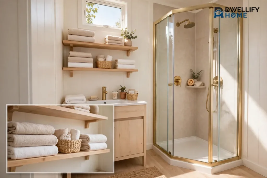 Bright compact remodeled mobile home bathroom with a corner glass shower, light-wood vanity, and open towel shelving, plus a magnified close-up of the shelving and towels in the bottom-left corner