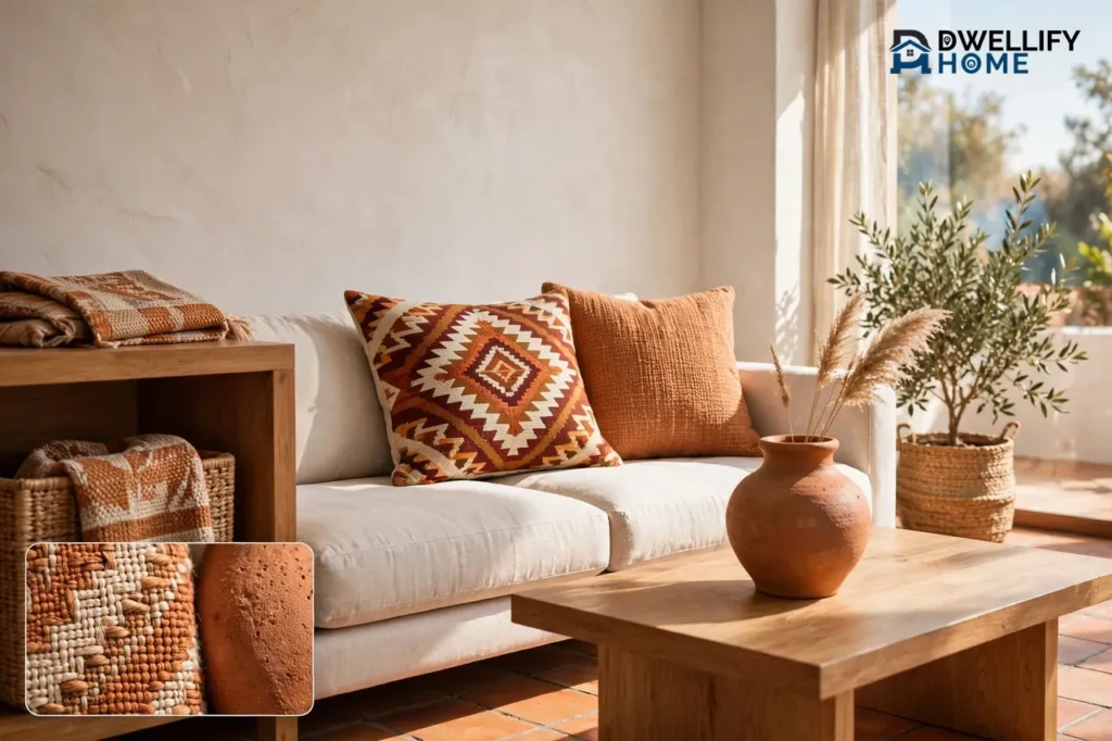 Modern Mexican living room with a cream sofa, bold terracotta patterned cushion, woven textiles, a clay vase on a wooden table and terracotta floor tiles, and a close-up inset of woven fabric and terracotta texture in the bottom-left corner.