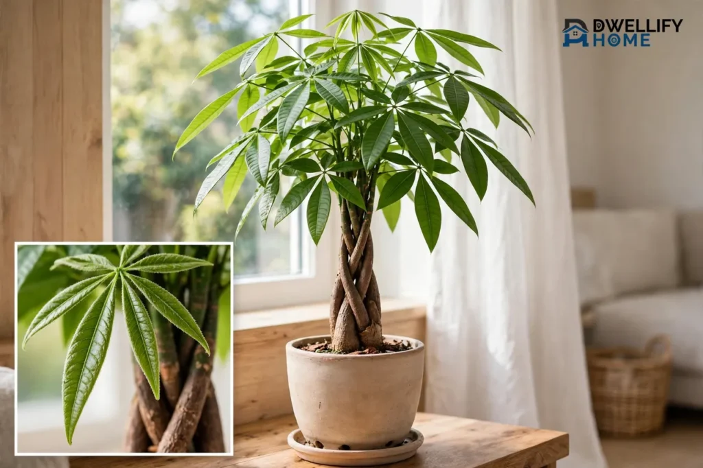 Money tree with a clearly braided trunk and finger-like leaves by a bright window, with a leaf and trunk inset