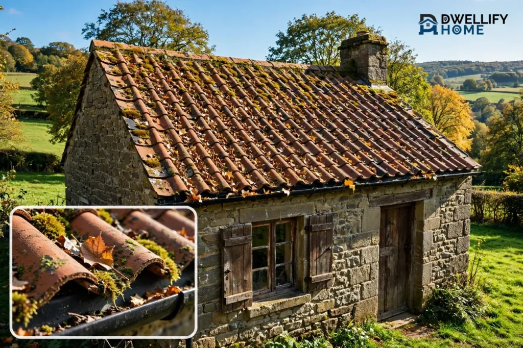 Rural stone cottage with moss and fallen leaves on terracotta roof tiles, moss and gutter inset