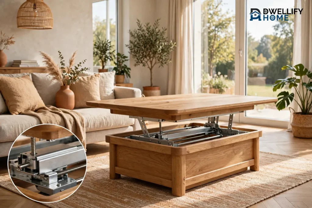 Wooden coffee table raised mid-lift above its base with the actuator mechanism visible, with an actuator inset