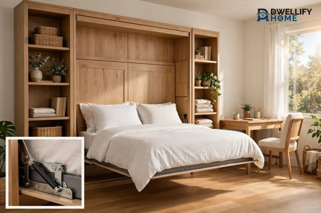 Queen Murphy wall bed pulled down from a light-oak wall cabinet with side shelving in a bright multipurpose room, with a close-up inset of the bed's metal fold mechanism