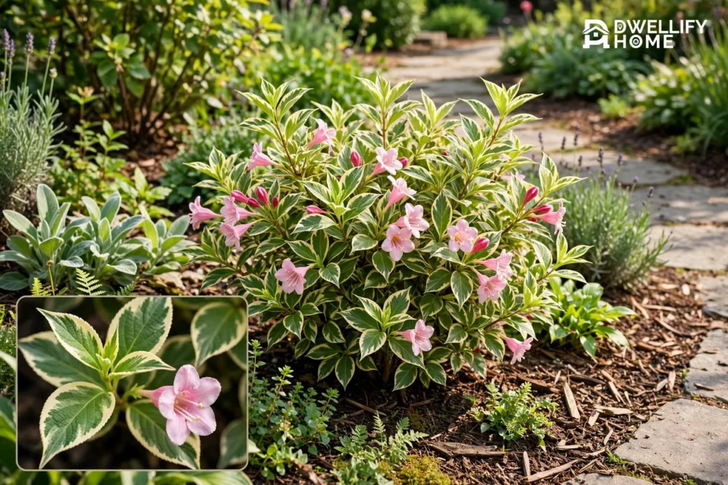 Compact variegated My Monet weigela shrub with creamy-green leaves and soft pink trumpet-shaped flowers growing along a garden path, with a close-up inset of the variegated leaves and a pink flower in the bottom-left corner