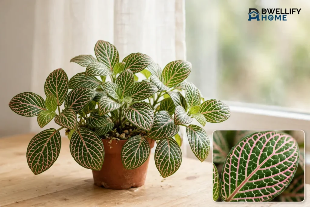 Nerve plant with bold white and pink veined leaves by a bright window, with a leaf-vein inset