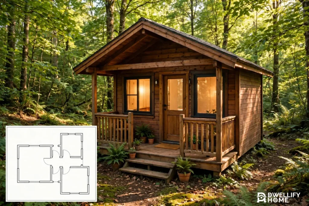 Small wooden one-bedroom cabin with a front porch in a sunny forest, with an unlabeled blank floor-plan outline inset at bottom left