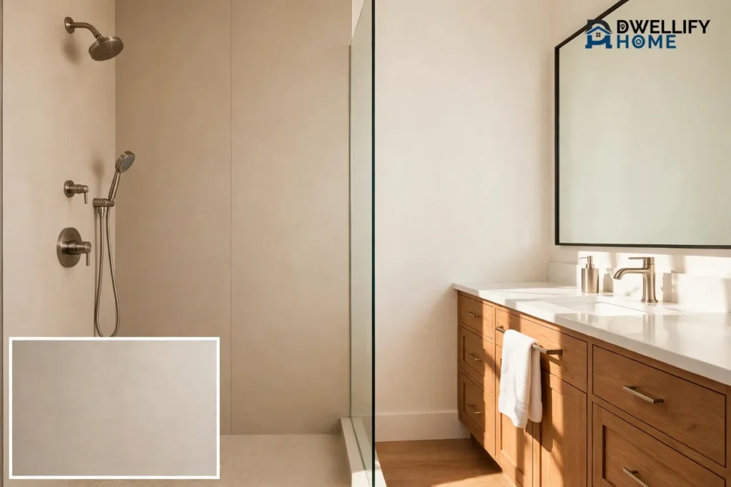 Freshly completed one-day bathroom remodel with a seamless walk-in shower wall panel and new wood vanity, with a close-up inset of the smooth shower panel surface
