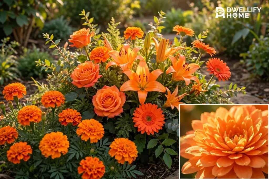 Sunlit garden display of orange roses, marigolds, lilies and gerbera daisies in warm golden light, with a magnified inset of layered orange petals