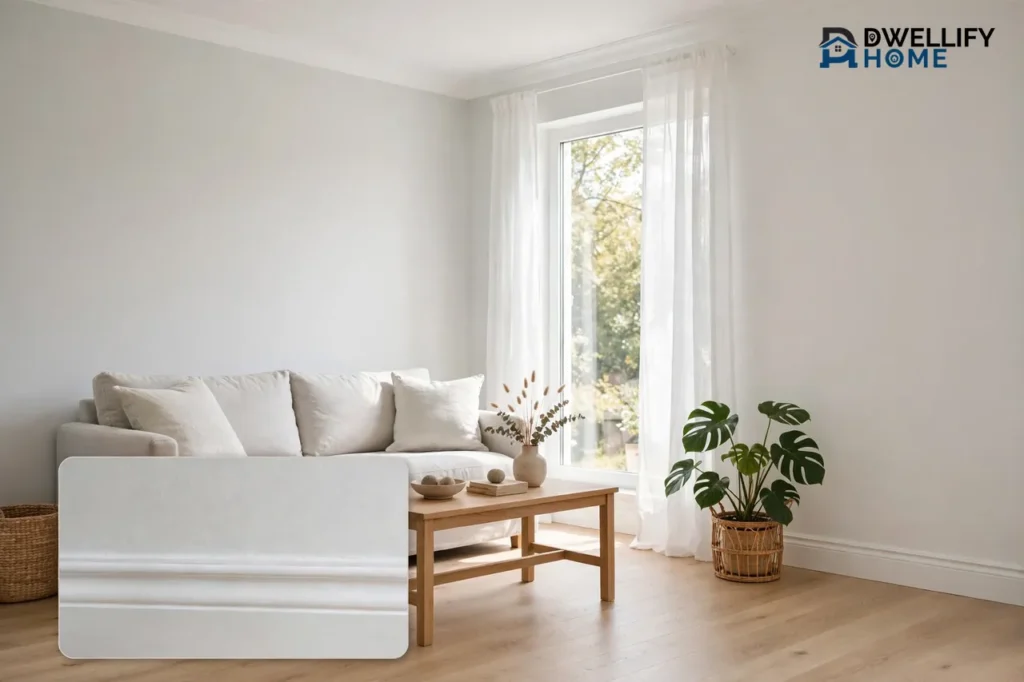Bright living room with crisp clean soft-white walls, white trim, a light neutral sofa, wooden coffee table and sheer curtains in daylight, with a close-up inset of the clean white wall and trim at bottom left